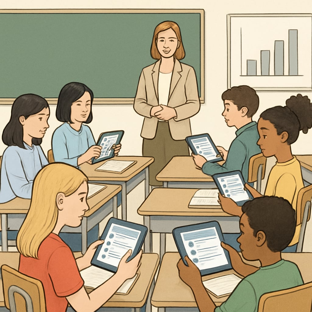 Students using tablets in a classroom for an interactive assessment activity. Students engaging with digital assessment tools on tablets during a lesson.