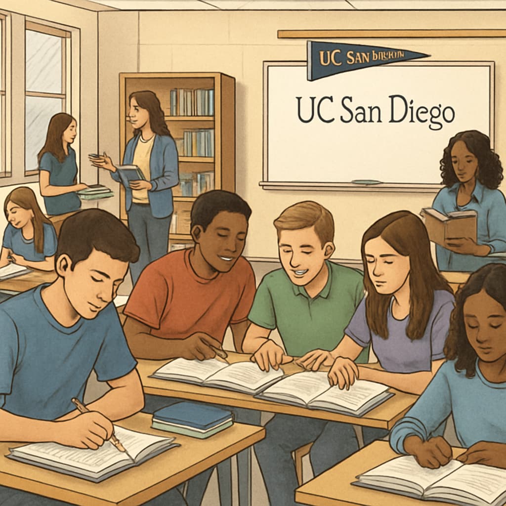 A classroom filled with high school students engaged in college prep activities, symbolizing the increased focus on readiness for UC San Diego admissions. High school students preparing for college admissions in a classroom setting.
