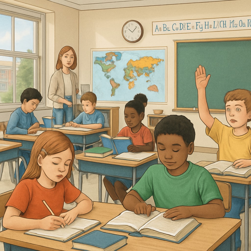 Students actively engaged in a year-round school classroom environment, reflecting consistent learning engagement. Students in a year-round schooling classroom actively participating in lessons.