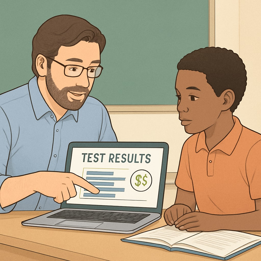 A teacher reviewing test results on a laptop with a student, representing the use of digital K12 test resources. Teacher and student using digital K12 test resources.