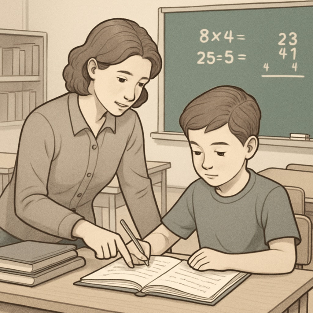 A classroom where a teacher is guiding a student in a focused but supportive manner, illustrating a balance between strict instruction and care. Teacher guiding student with balance of strictness and compassion in education