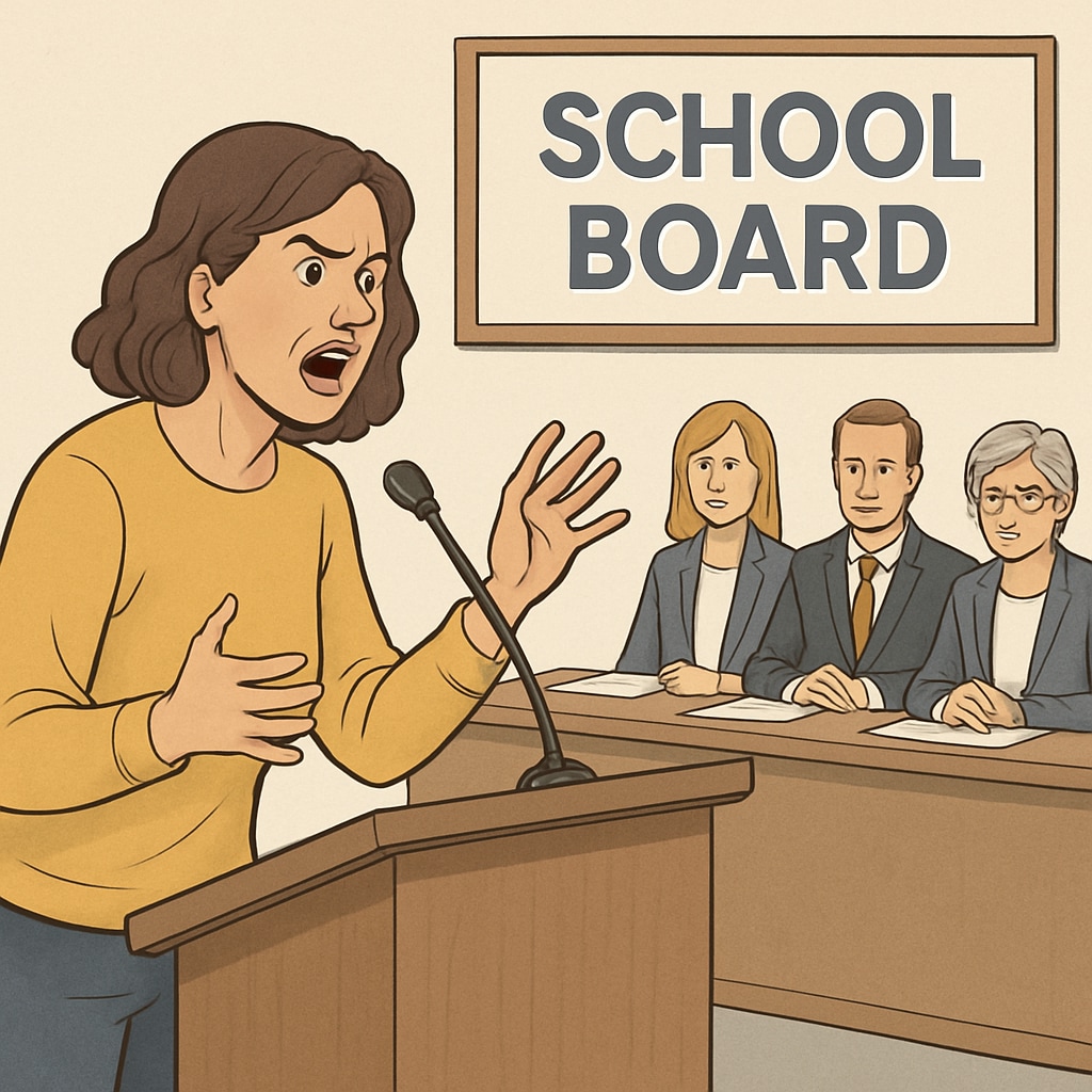 A concerned parent speaking at a school board meeting, advocating for stricter background checks. Parent advocating for stricter background checks at a school board meeting.