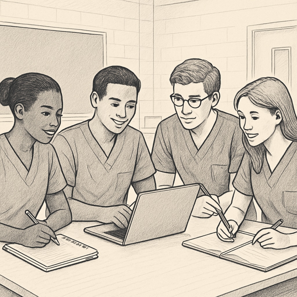 Nursing students collaborating in a study group, sharing notes and using a laptop. Nursing students engaged in a study group, discussing and using laptops to enhance learning.