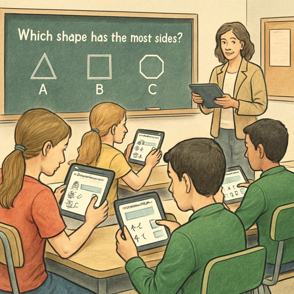 A classroom setting where students are using tablets for an interactive assessment, showcasing advanced K12 educational tools. Students using advanced K12 educational tools for assessments.