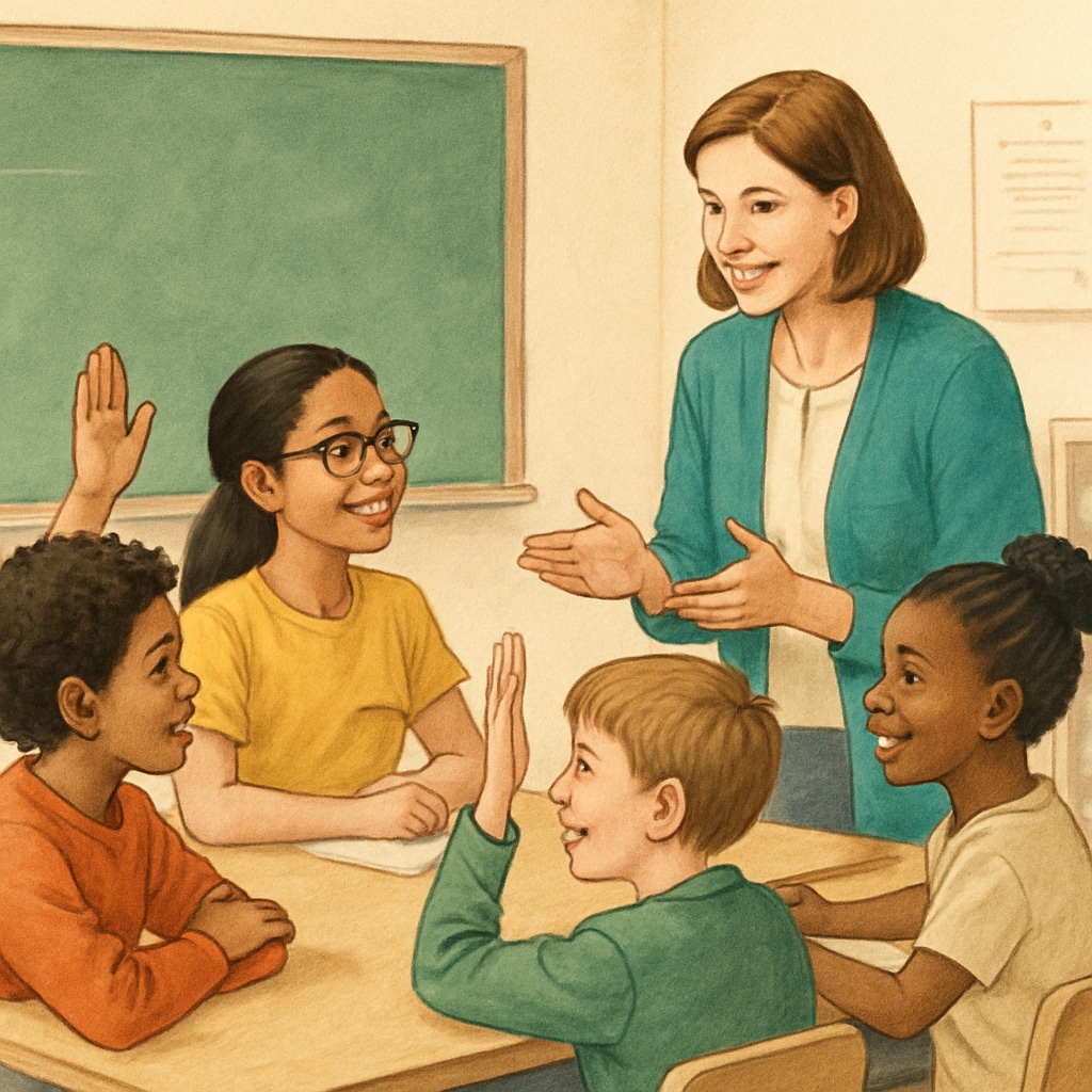A teacher interacting with a group of students in a classroom setting, emphasizing engagement and mutual respect. Teacher engaging with students, illustrating compassionate yet structured teaching