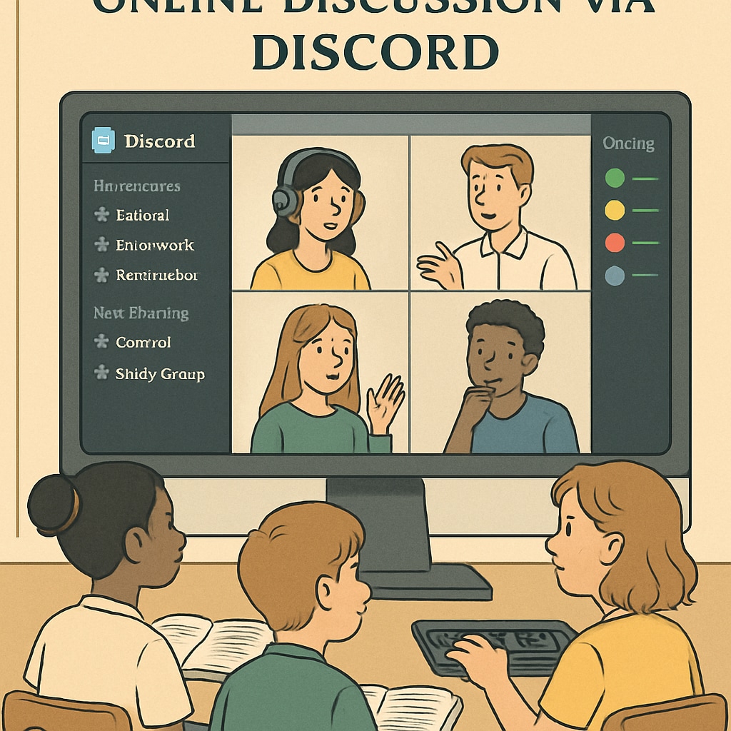 Students engaging in an online discussion via Discord, with visible text and voice channels. Nursing students using Discord for collaborative learning, with active text and voice channels.