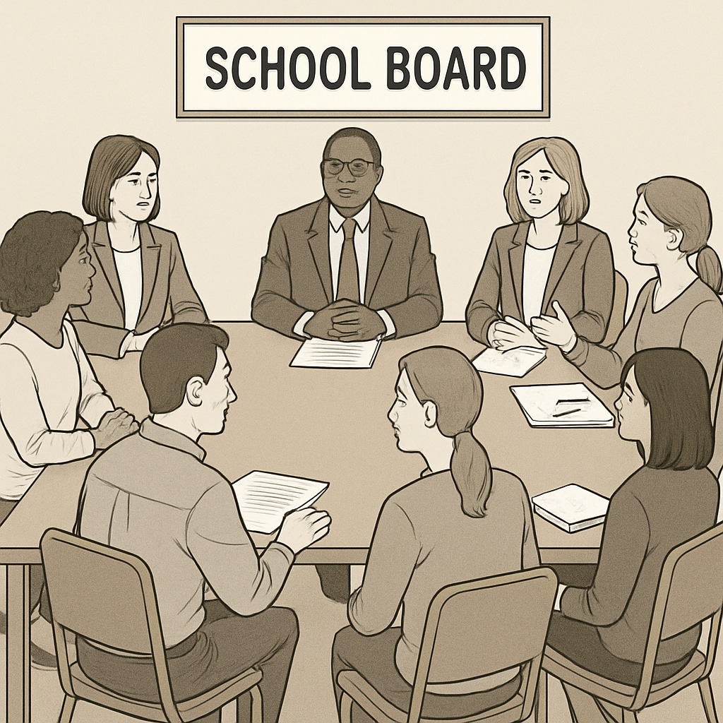 A school board meeting in progress, with parents and educators actively participating in discussions. Parents and educators participating in a school board meeting.