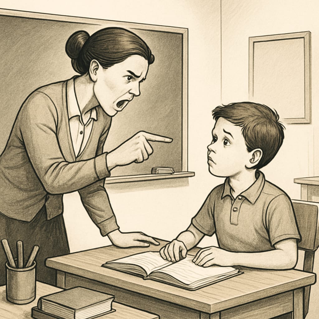 A teacher instructing a student, reflecting strict methods in education.