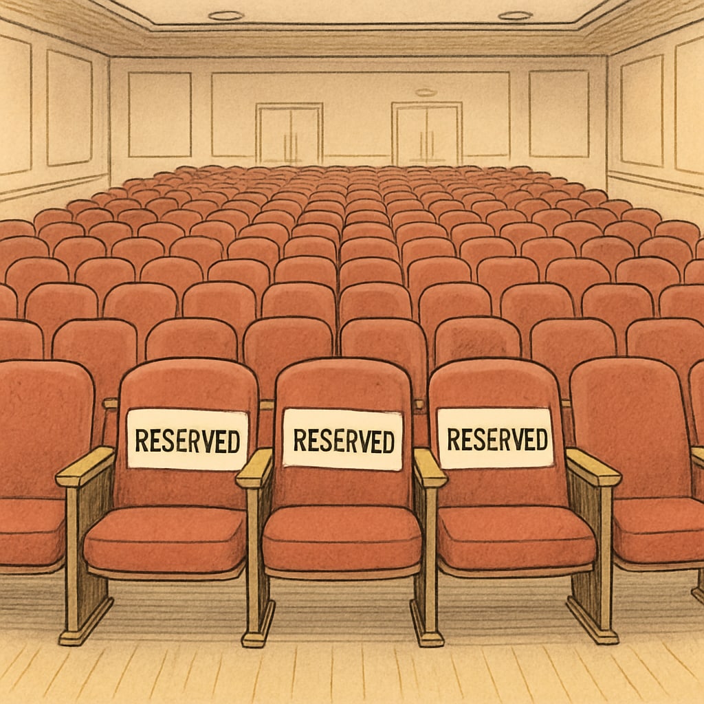 Reserved seating for top-tier donors at a school event, highlighting economic inequality in fundraising.
