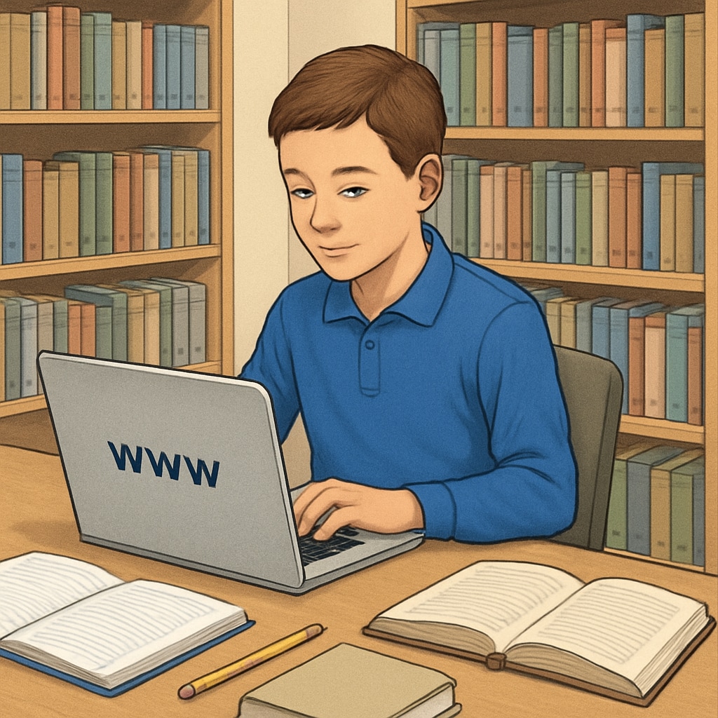 An illustration of a student using a laptop in a school library, symbolizing responsible internet usage. A student in a library using a laptop responsibly, related to internet safety.
