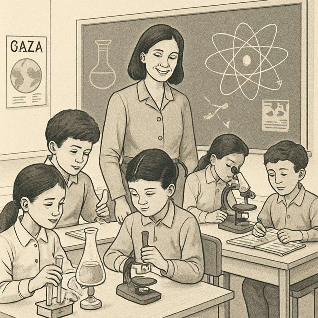 A photo of children in Gaza attending school, with a focus on classroom activities related to science experiments. Gaza school students performing science experiments as part of curriculum development.