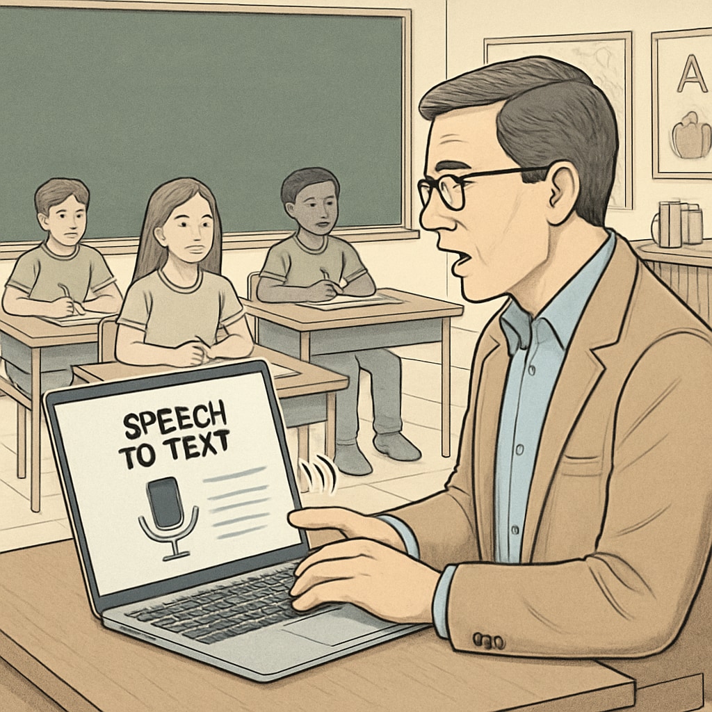 A teacher dictating notes into a speech-to-text app on a laptop, highlighting the efficiency gains in a classroom environment. Teacher using speech-to-text app to reduce administrative workload.