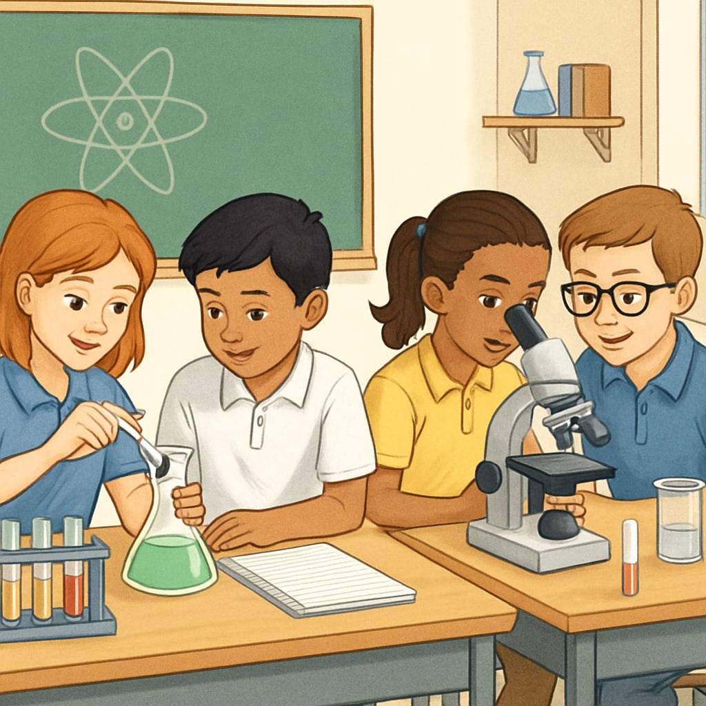 A classroom setup with students conducting science experiments, emphasizing collaborative learning. Gaza students collaborating during science experiments to promote hands-on learning.