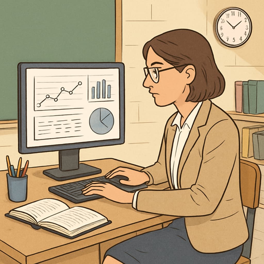 A teacher reviewing digital analytics from an online assessment tool on a computer screen. Teacher analyzing performance data from an online assessment platform.