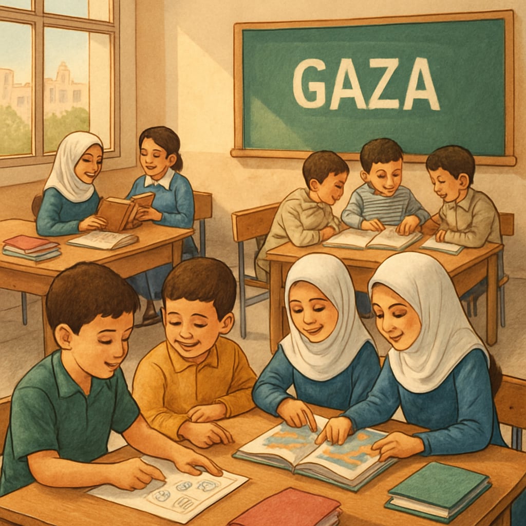 A classroom setting in Gaza with children engaging in group learning activities, emphasizing the importance of post-conflict education. Children in a Gaza classroom participating in group learning, highlighting K12 curriculum challenges.
