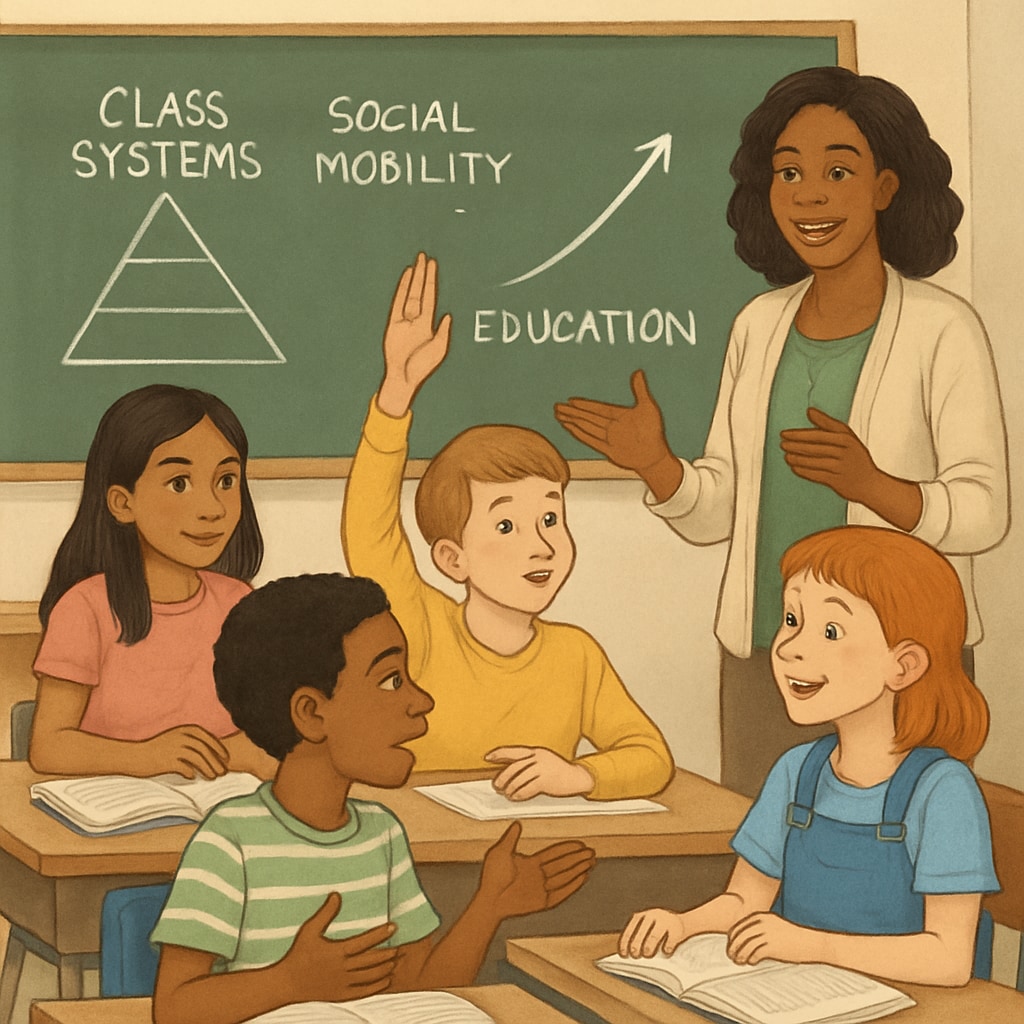 A classroom setting where children are engaged in a discussion about societal structures, representing the concept of Children discussing societal structures in a classroom setting, reflecting
