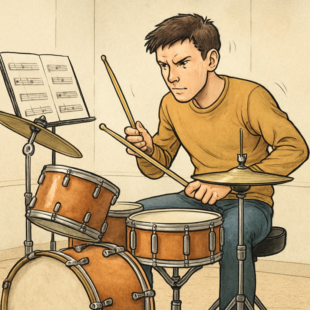 A scene from Whiplash showing Andrew practicing drums intensely, symbolizing extreme dedication and pressure. Whiplash drum practice scene emphasizing extreme education methods.