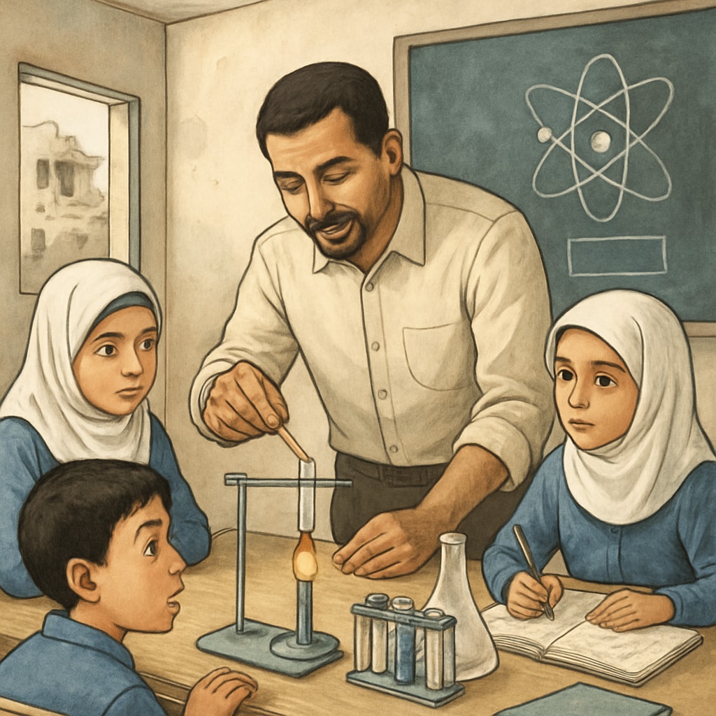 A teacher conducting a science experiment with students in a resource-limited Gaza classroom, showcasing innovative teaching methods. A teacher in Gaza demonstrating a science experiment to students, illustrating curriculum innovation.
