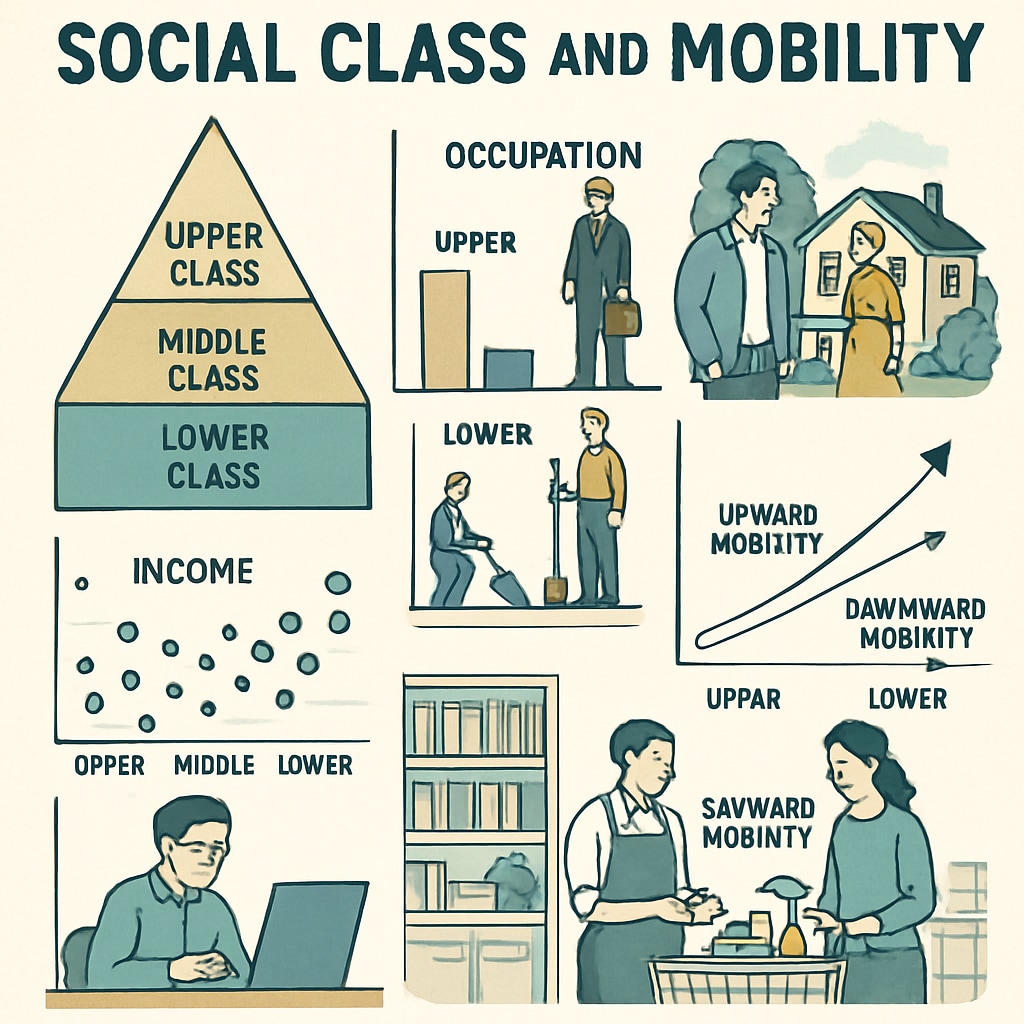 A textbook page illustrating social class systems with a balanced discussion on mobility, accompanied by graphs and real-life examples. Textbook page on social class systems with graphs and real-life mobility examples, connected to