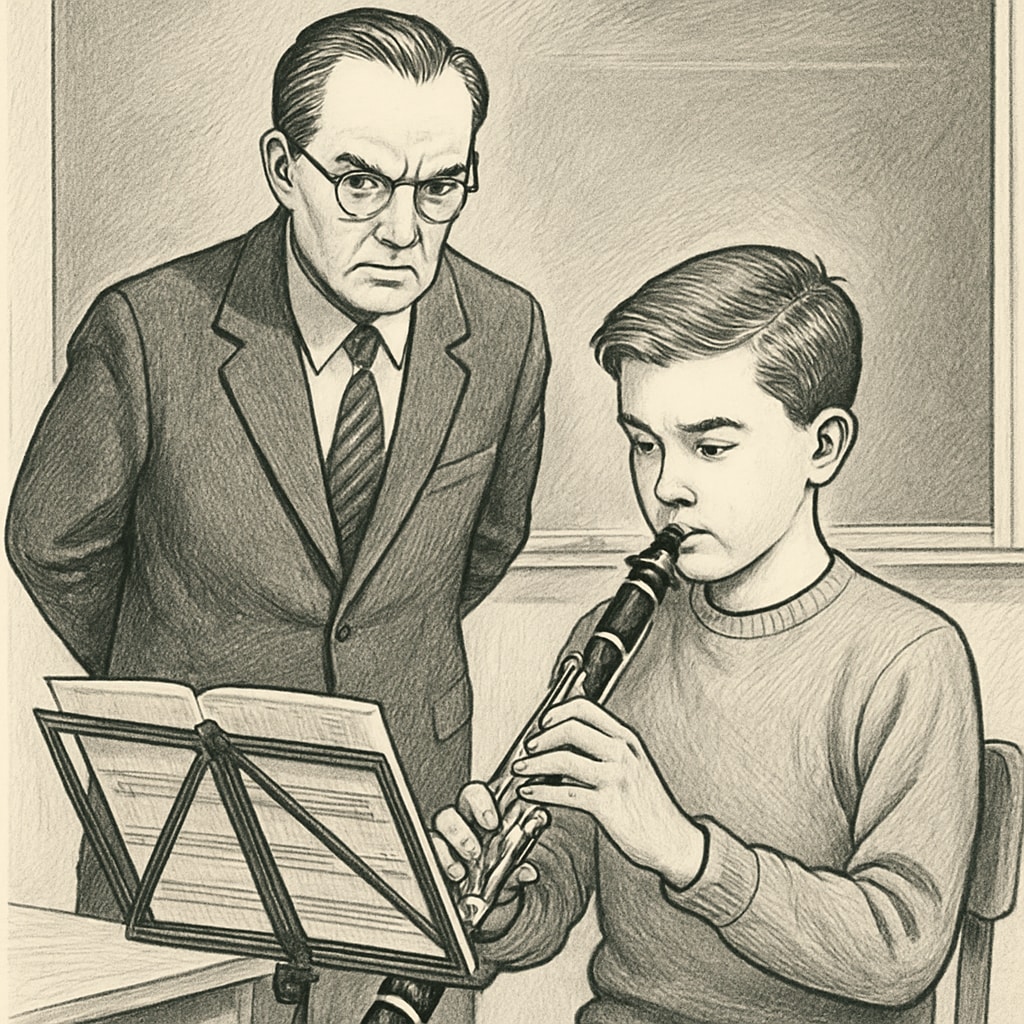 A teacher standing over a student practicing an instrument, symbolizing strict mentorship. Teacher overseeing student practice, illustrating rigorous educational methods.