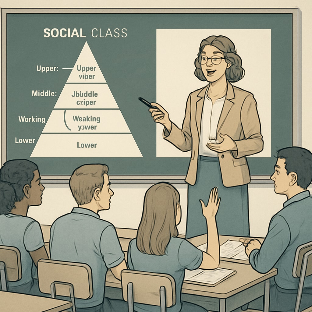 A classroom setting where students and a teacher discuss diagrams of social class systems, emphasizing the complexity of societal structures. Classroom discussion on social class systems, critical thinking in K12 sociology education.