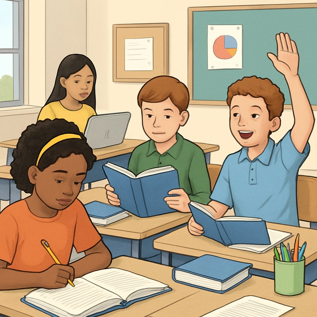 A diverse group of students studying in a modern classroom setting, emphasizing the benefits of year-round education. Students in a classroom benefiting from year-round education, knowledge retention, and learning continuity.