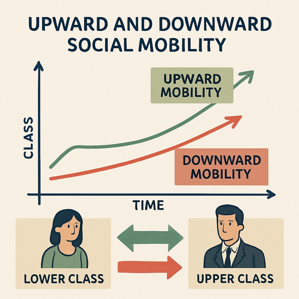 An infographic depicting upward and downward social mobility trends, visually illustrating changes in class dynamics over time. Infographic showing social mobility trends, used in sociology education discussions.