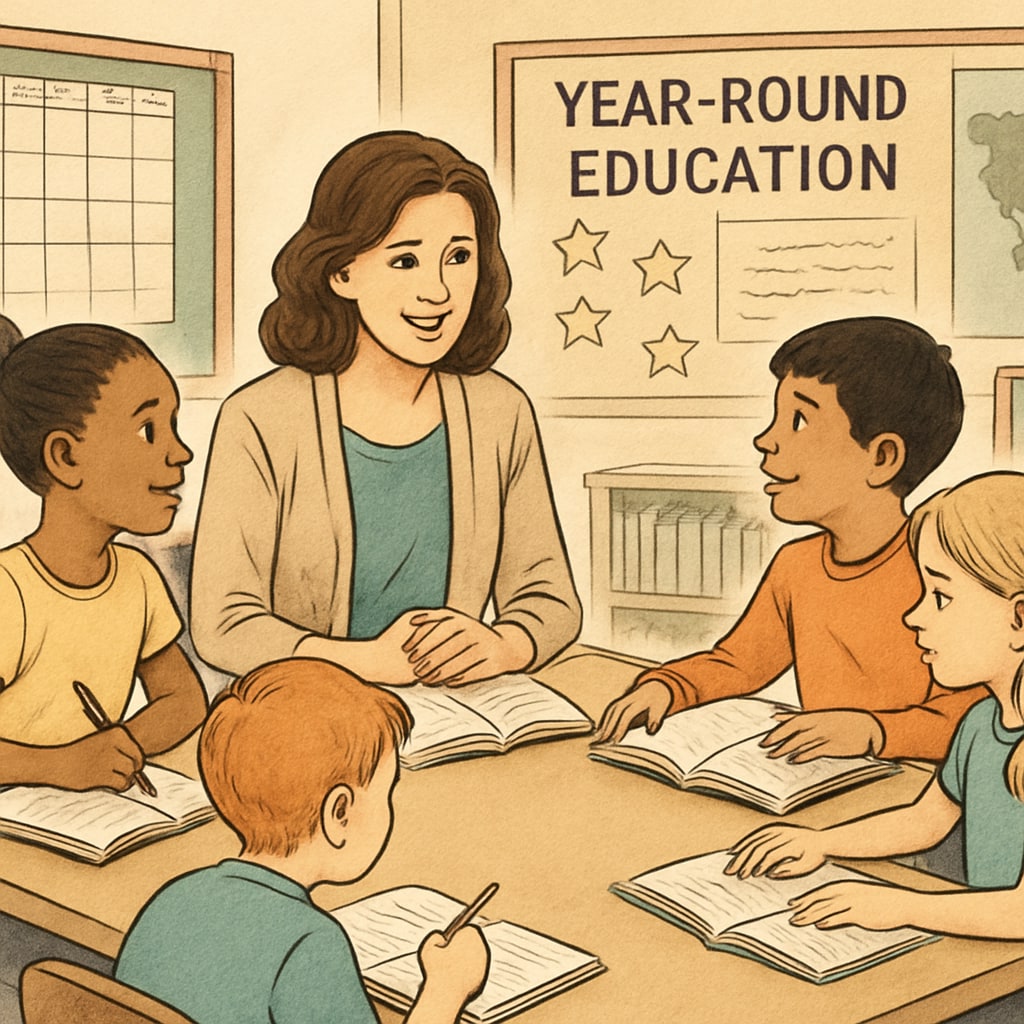 A teacher conducting a small group session with students, illustrating personalized learning opportunities in year-round education. Teacher and students in a small group session, showcasing personalized learning in year-round education.