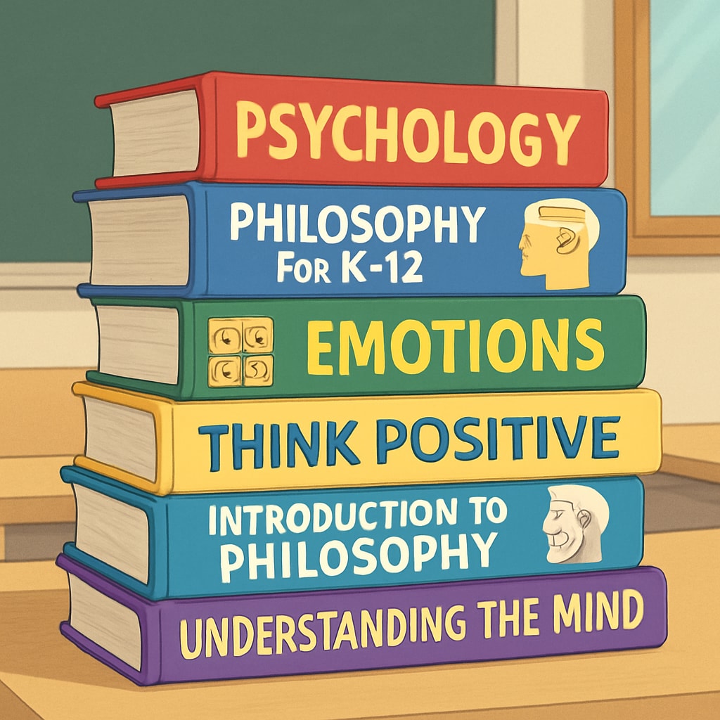 A stack of books on psychology and philosophy, with titles suitable for K12 students. Books on psychology and philosophy for educational purposes.