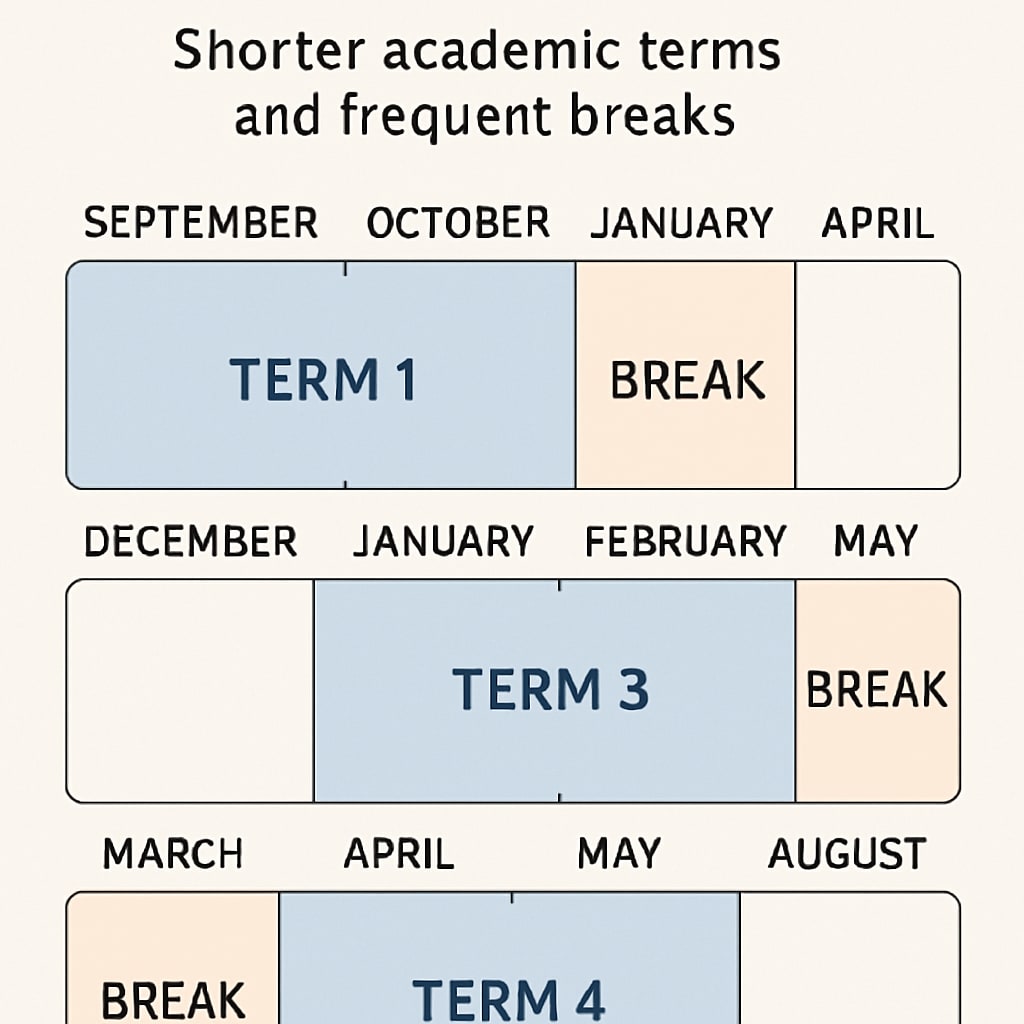 Year-round school calendar showing frequent breaks to improve retention.