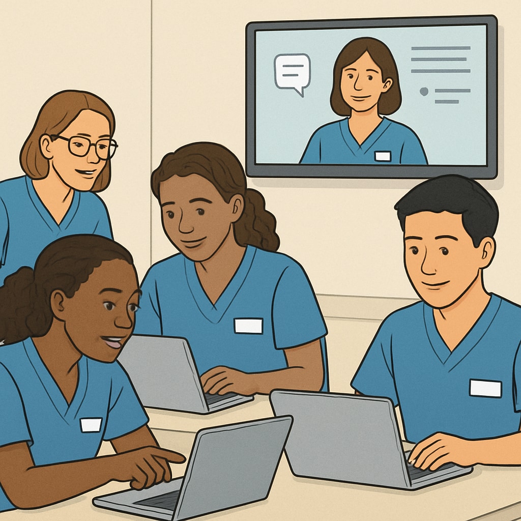 Nursing students in a virtual study session using laptops