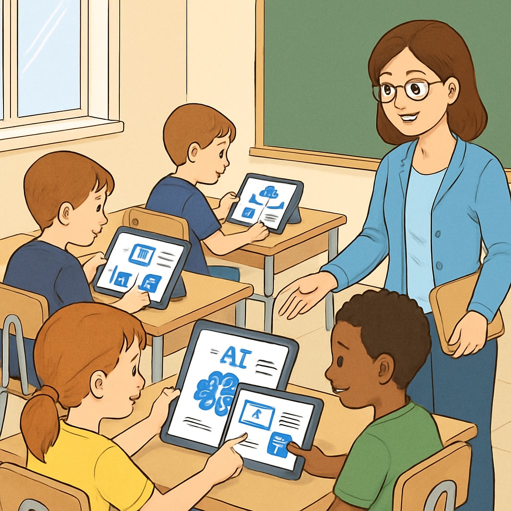 AI-powered personalized learning in a classroom setting, showcasing students using tablets