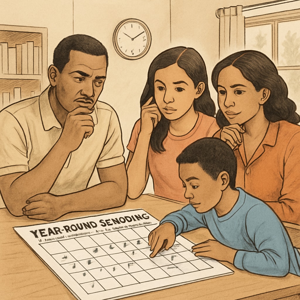 A family reviewing their calendar to adjust to a year-round school schedule.