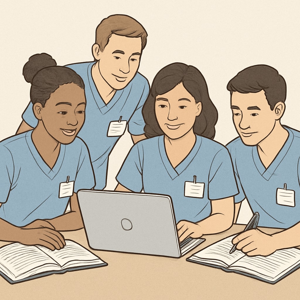 A group of nursing students collaborating on an assignment using a laptop and textbooks, symbolizing teamwork in education. Nursing students working together on assignments, representing study groups and peer learning.