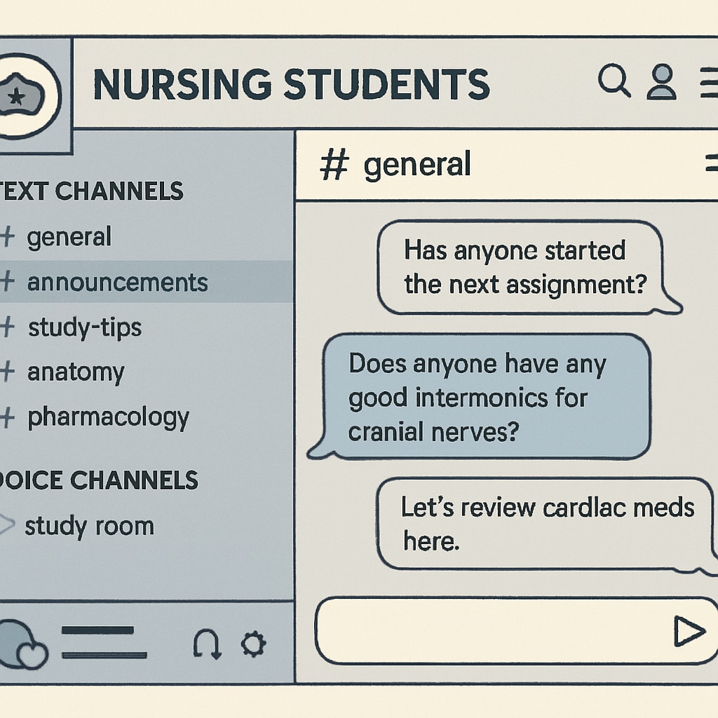 A screenshot of a Discord server tailored for nursing students, showing topic-specific channels and active discussions. A Discord server for nursing students with channels for pharmacology and clinical case studies.