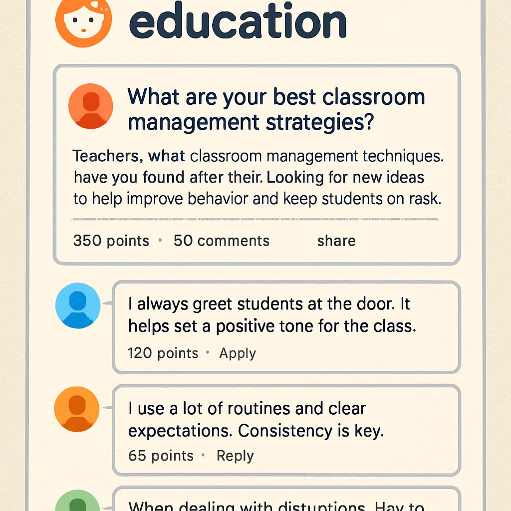 A screenshot of a Reddit education subreddit, showing a lively discussion thread among teachers about classroom management strategies. Reddit education subreddit thread discussing classroom management strategies.