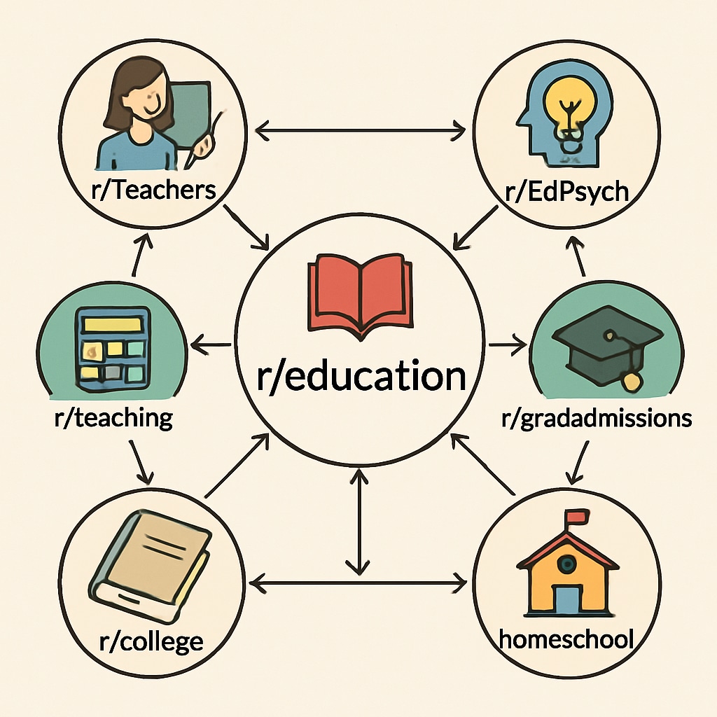A conceptual diagram illustrating the interconnectedness of various education-related subreddits on Reddit. Conceptual diagram of Reddit’s education subreddit network.