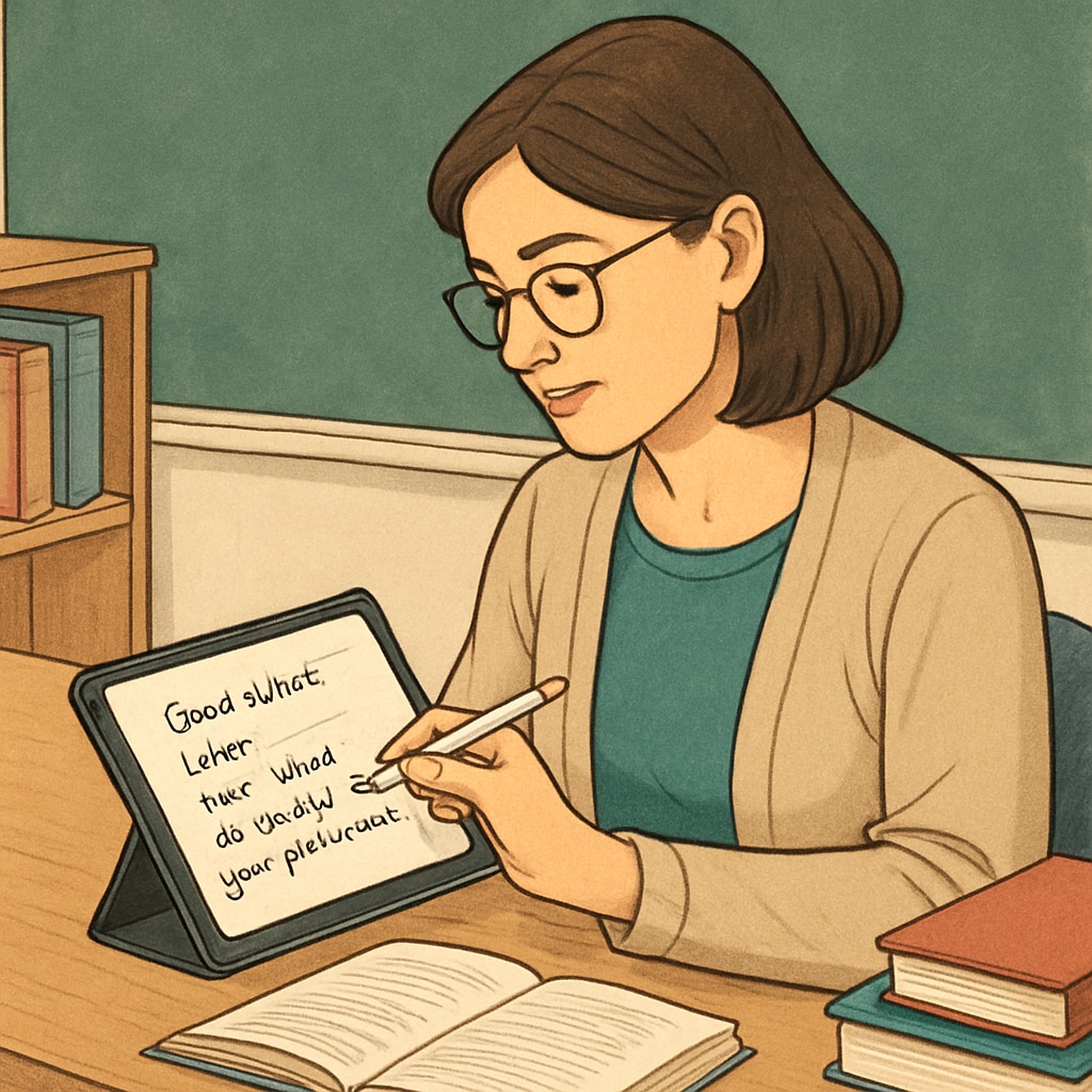 A teacher using WillowVoice on a tablet to transcribe feedback for a classroom assignment. Teacher using WillowVoice for speech-to-text transcription of classroom feedback.