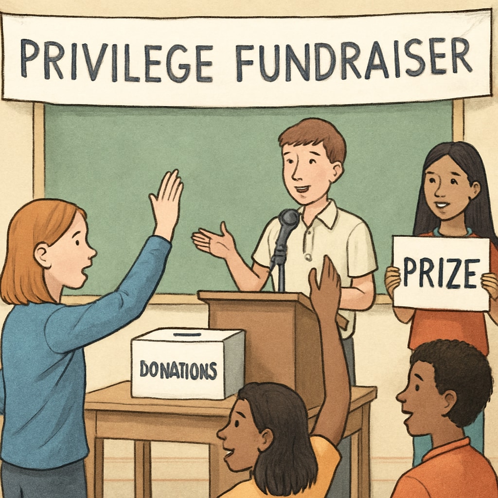 Students in a school event highlighting privilege-based fundraising.