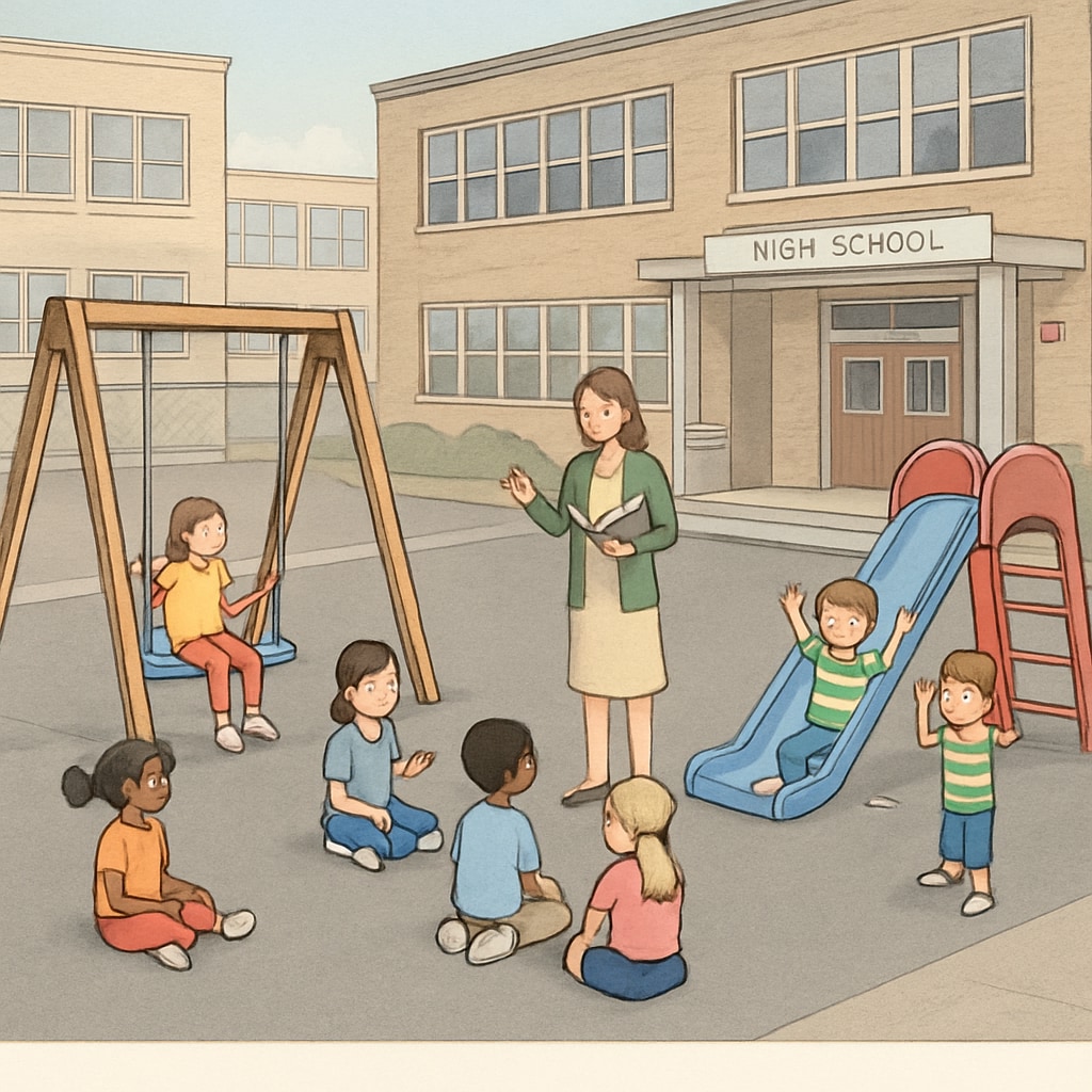 Temporary school playground setup for elementary students at a high school campus.