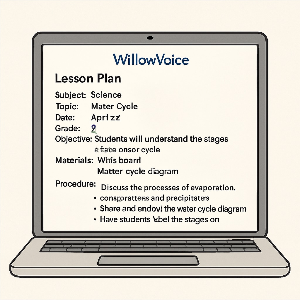 A laptop screen displaying a transcribed lesson plan created using WillowVoice. Transcribed lesson plan generated by WillowVoice on a laptop screen.