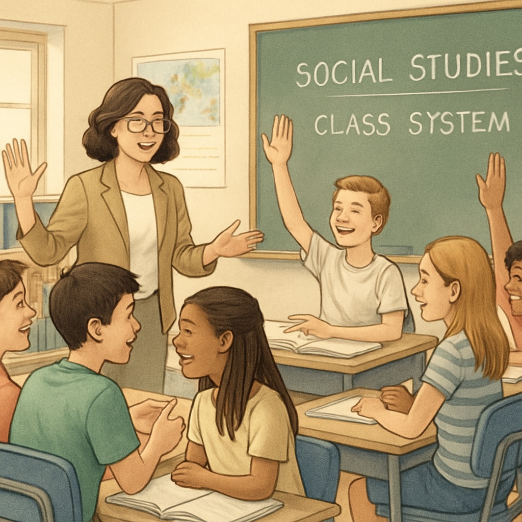 A classroom with sixth-grade students engaged in a lively discussion on social studies, focusing on the class system. Sixth-grade students discussing class systems in social studies.