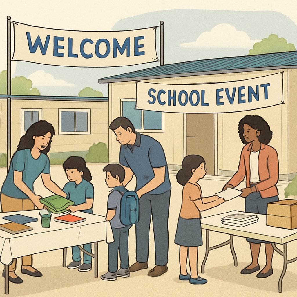 Parents and children engaging in activities at a temporary school campus.
