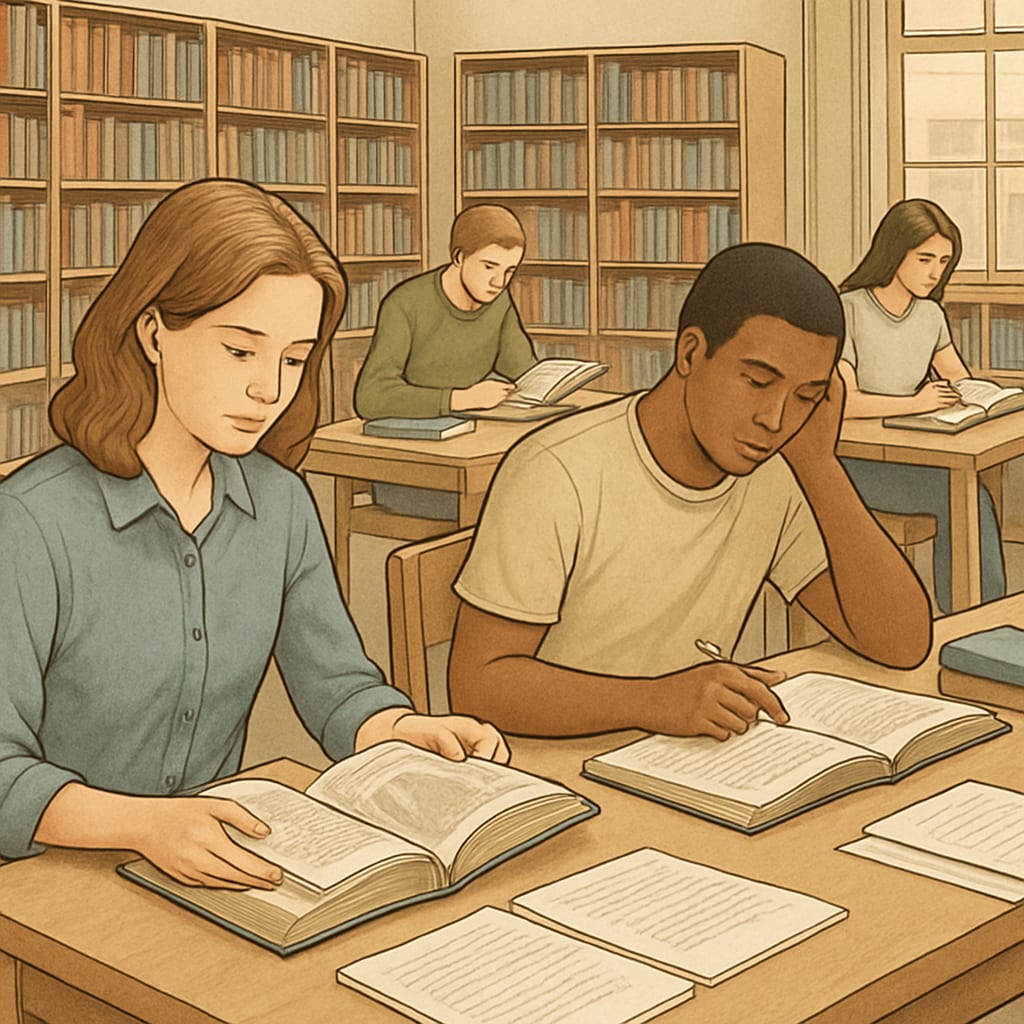 Students in a library researching historical examples of social mobility and class system changes. Students researching social mobility and class systems.