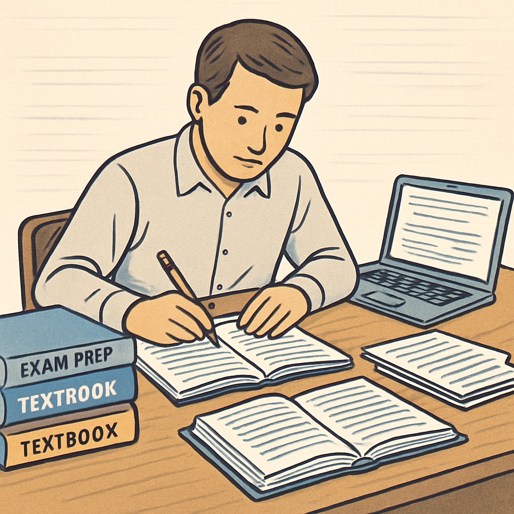 A candidate sitting at a desk with study materials, preparing for a professional exam. The table has textbooks, a laptop, and notes. A person studying for the OAE exam with focus and determination.