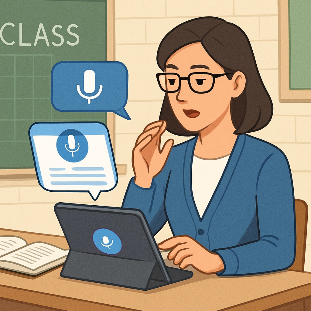 An image showing a teacher using a speech recognition tool to record notes on a tablet, highlighting its role in enhancing teacher workflows. Teacher using speech recognition software to improve workflows and save time