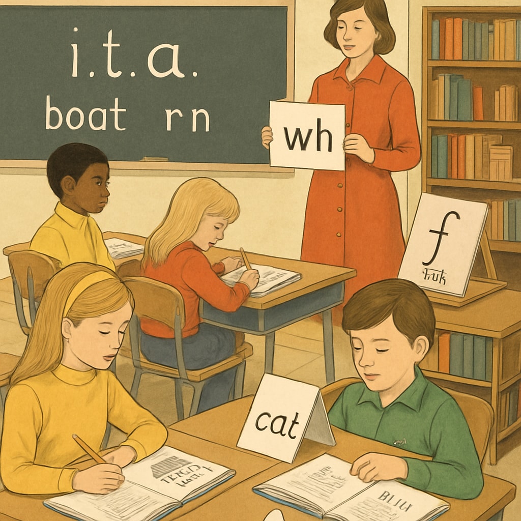 A classroom in the 1970s with students using materials based on the Initial Teaching Alphabet. Classroom from the 1970s showing students learning with Initial Teaching Alphabet materials.