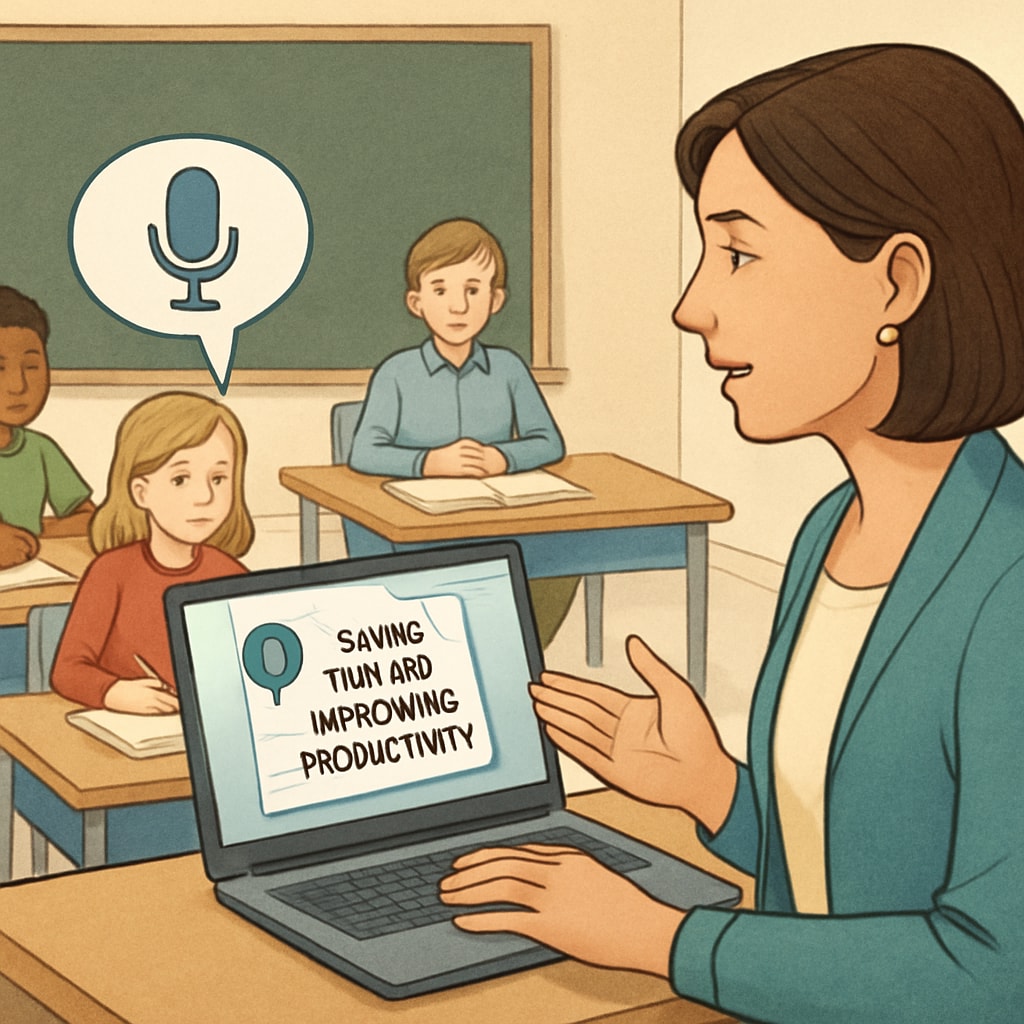 A classroom setting where a teacher uses a laptop with speech recognition software, emphasizing its role in saving time and improving productivity. Classroom with teacher using speech recognition software for time management