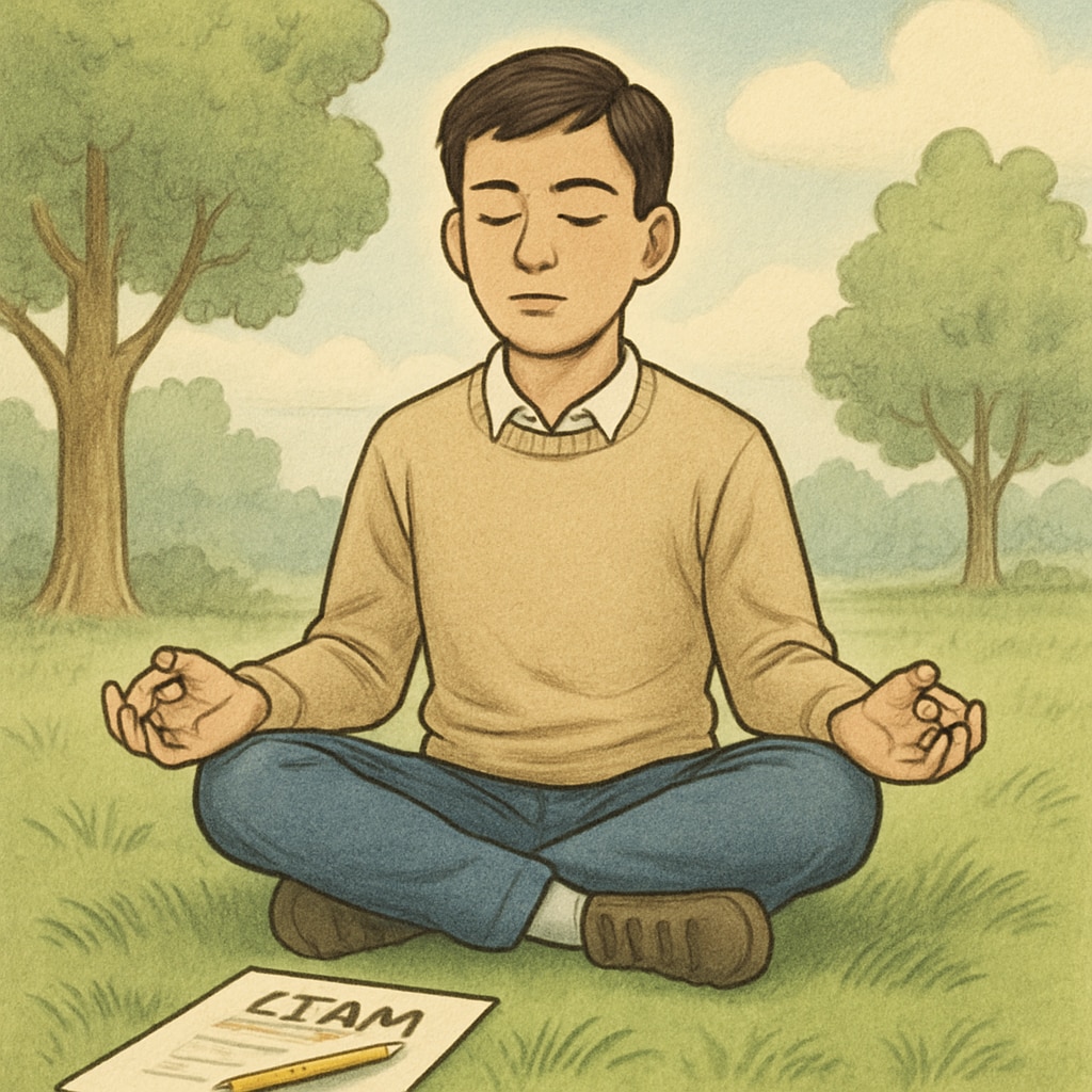 A calm student practicing mindfulness techniques before an important exam. The image shows them meditating in a serene environment. A student meditating to manage test anxiety before the OAE exam.