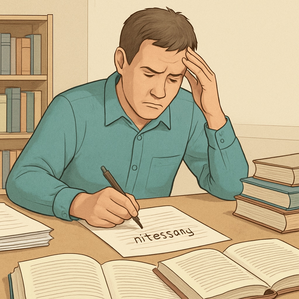 An adult struggling with spelling while writing a document, illustrating the lasting effects of ITA exposure. Adult facing challenges with spelling, highlighting the long-term impact of Initial Teaching Alphabet education.